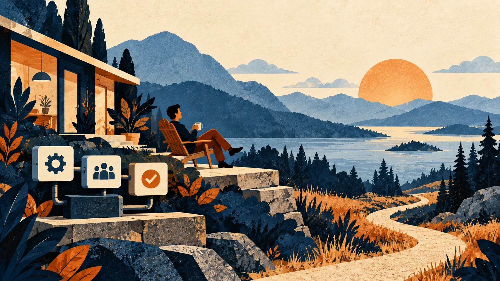 Editorial illustration of a compact business system beside a peaceful home and an open landscape