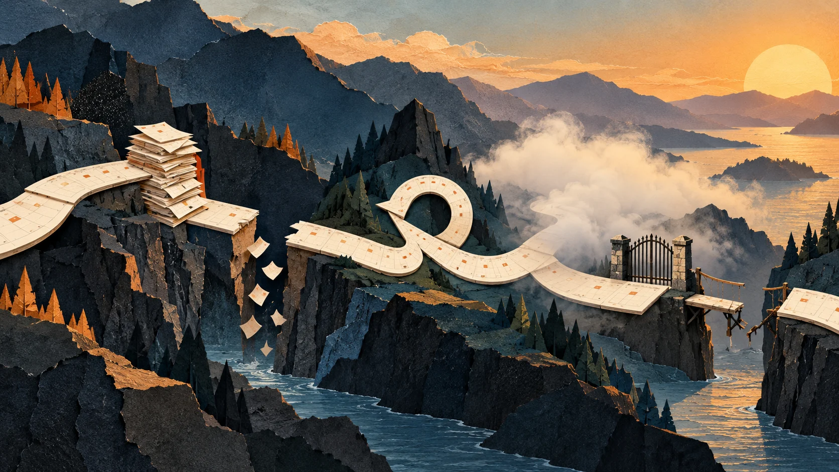 A calendar path repeatedly breaks, loops, disappears into fog and ends at a disconnected bridge