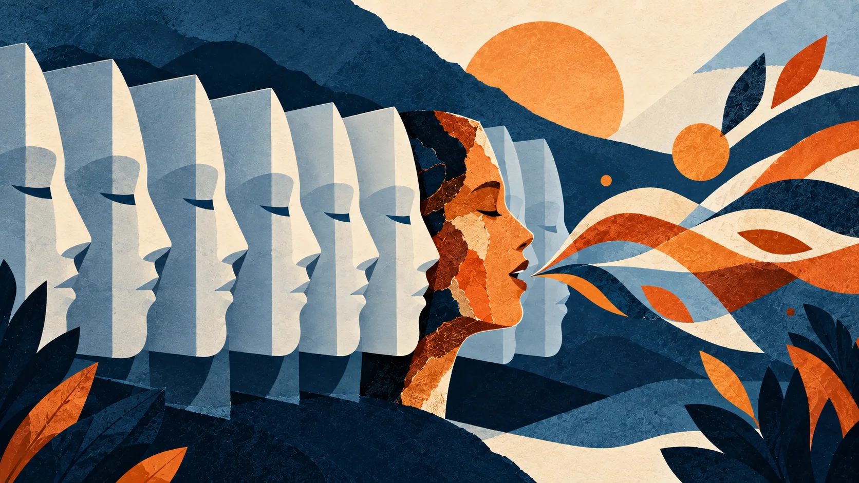 Editorial illustration of one expressive human voice emerging from a row of identical polished masks