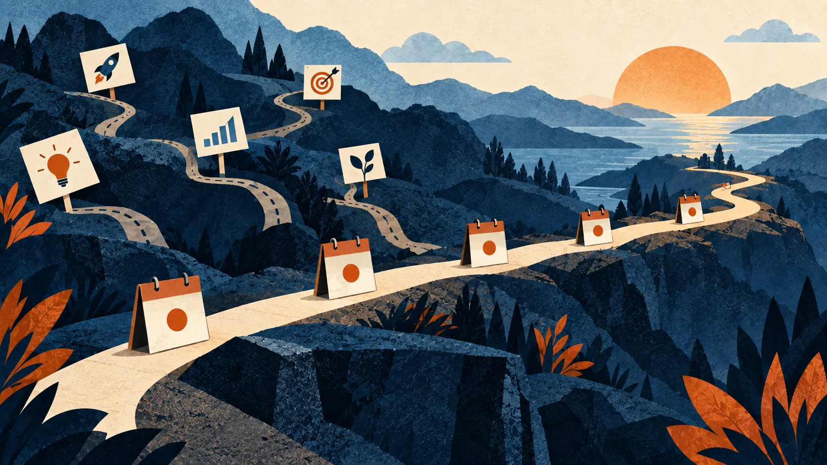 Editorial illustration of one path continuing through calendar checkpoints while tempting side routes branch away
