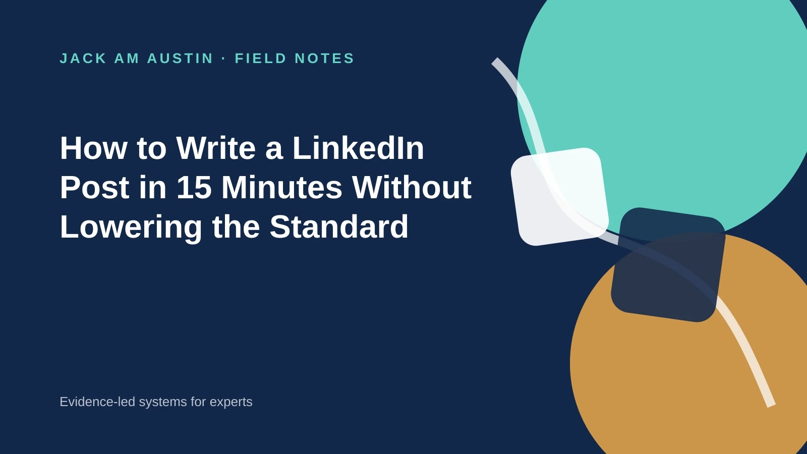 Editorial illustration of a fifteen-minute timer beside a clean LinkedIn post draft